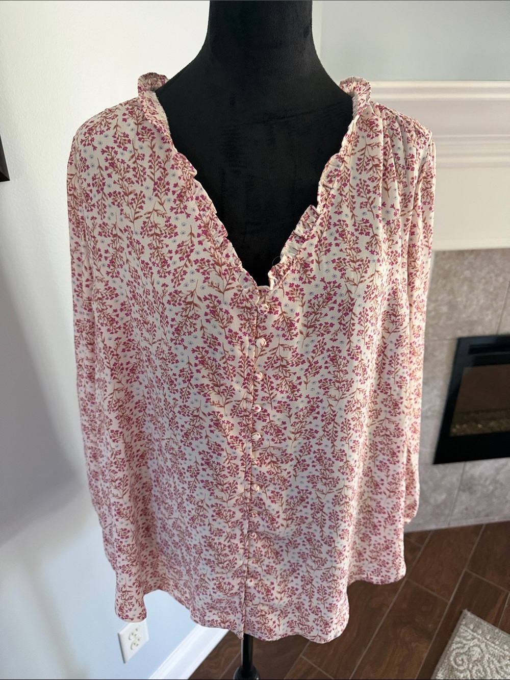 Lush Cream Blush Floral Ruffle V-Neck Button Blouse